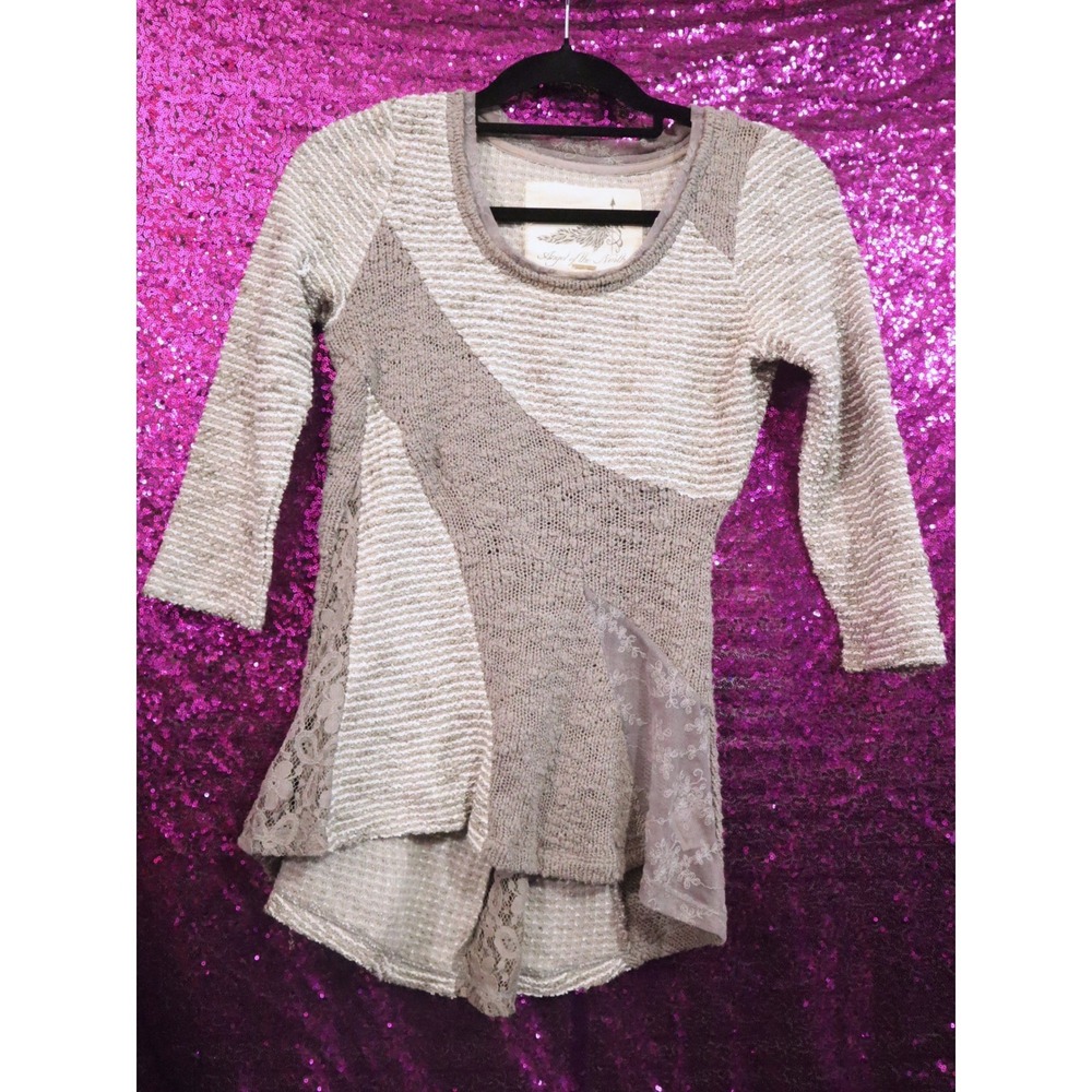 Warm Grey Mixed Media Sweater XS Angel of the North Knit Lace Metallic Accent